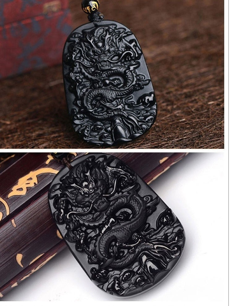 Mens Obsidian Lucky Dragon Pendant Necklace