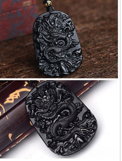 Mens Obsidian Lucky Dragon Pendant Necklace