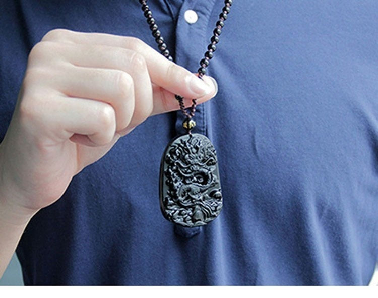 Mens Obsidian Lucky Dragon Pendant Necklace