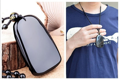 Mens Obsidian Lucky Dragon Pendant Necklace