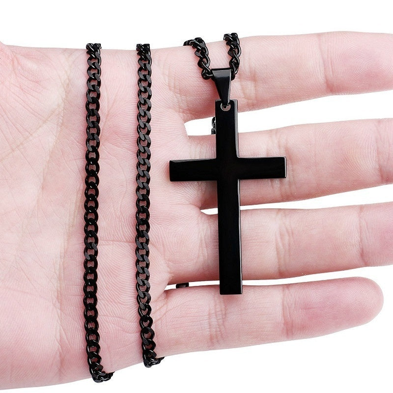 Mens Vintage Stainless Steel Cross Pendant Necklace