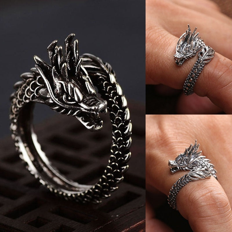 Mens Sterling Silver Dragon Ring