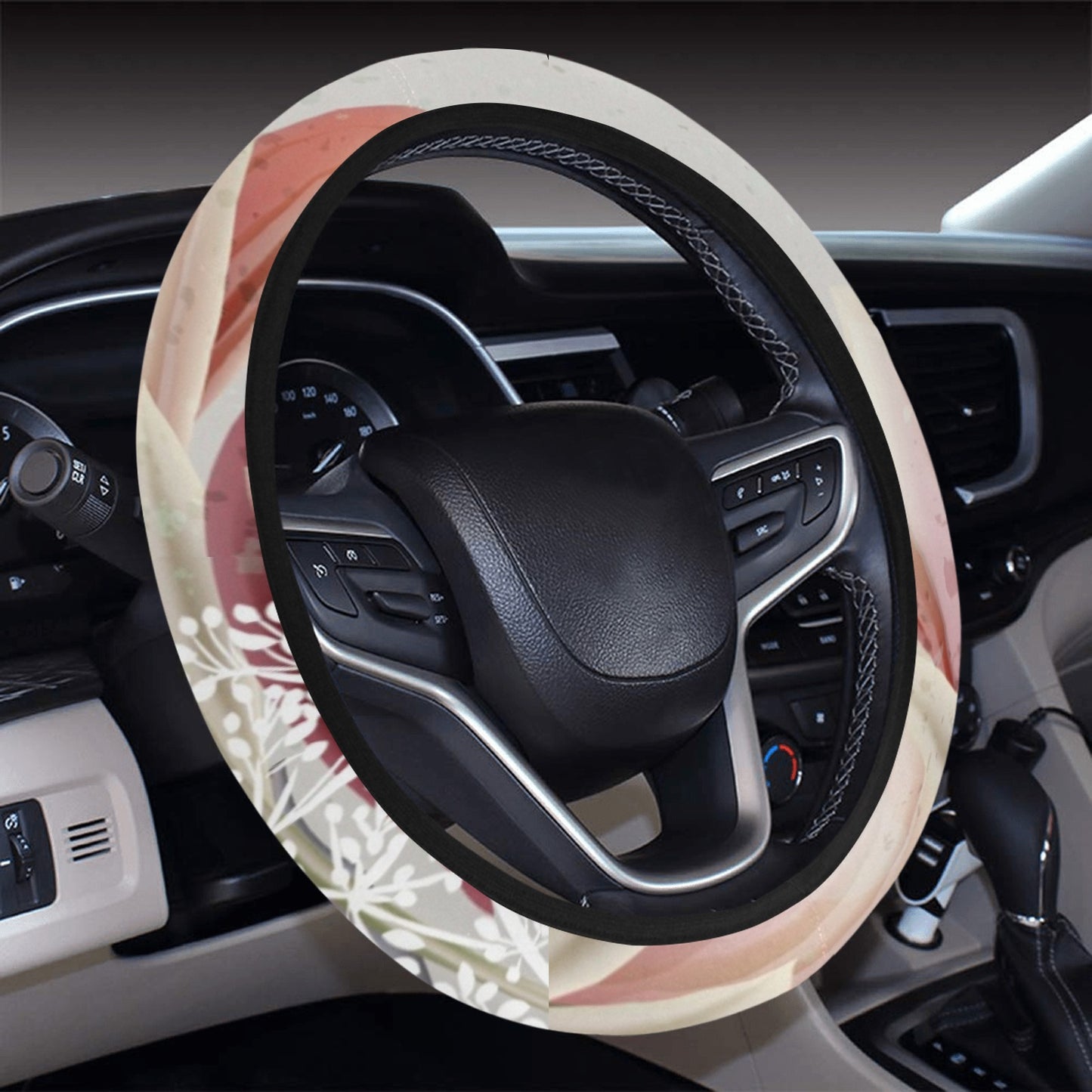 Beige Floral Steering Wheel Cover