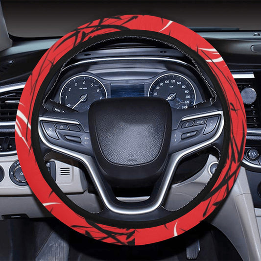 Red Oriental Plants Steering Wheel Cover