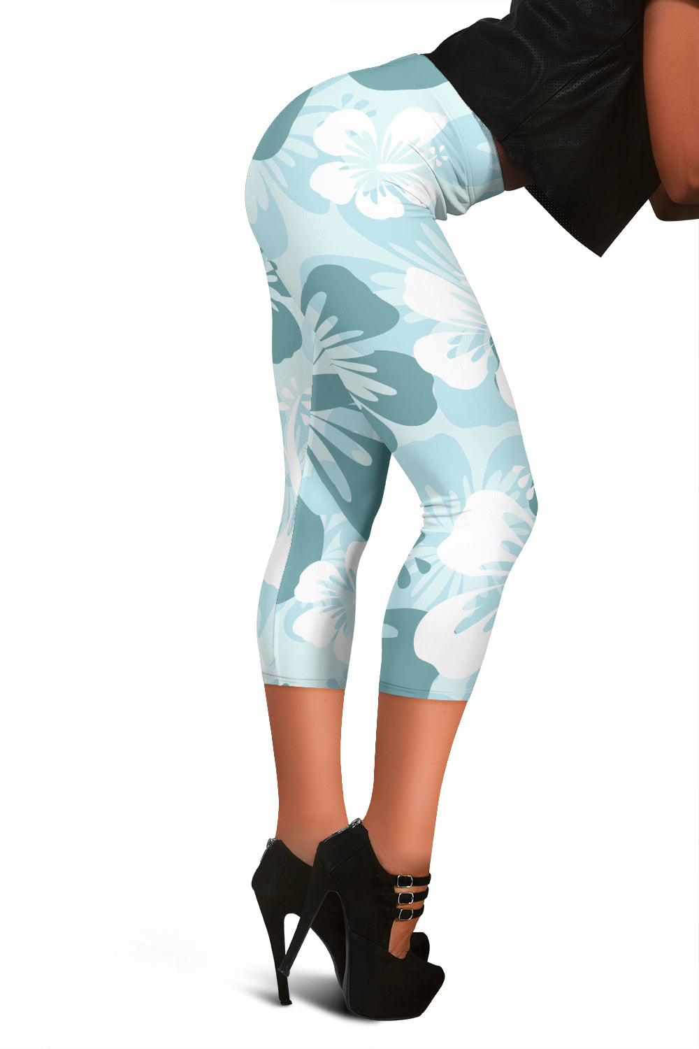 Light Green Teal Aloha Flowers Capri Leggings