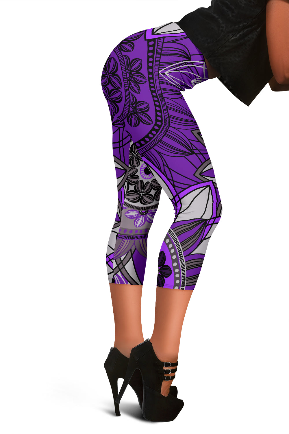 Purple Floral Mandalas Capri Leggings