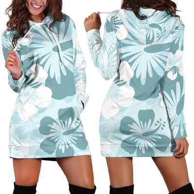 Light Green Teal Aloha Flowers Womens Hoodie Dress