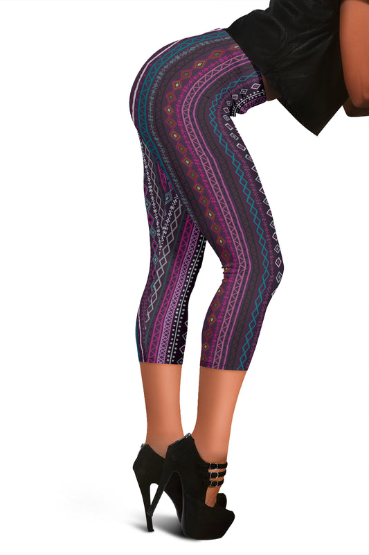 Purple Boho Stripes Capri Leggings