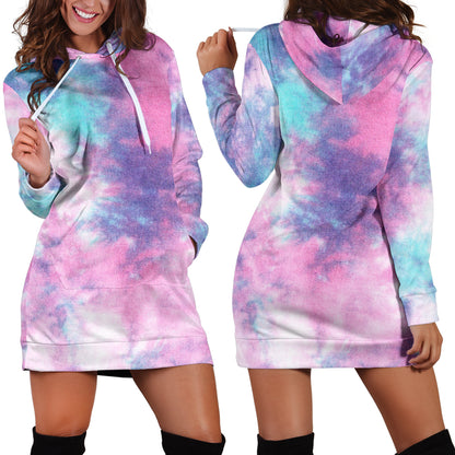 Blue & Pink Cotton Candy Tie Dye Print Hoodie Dress