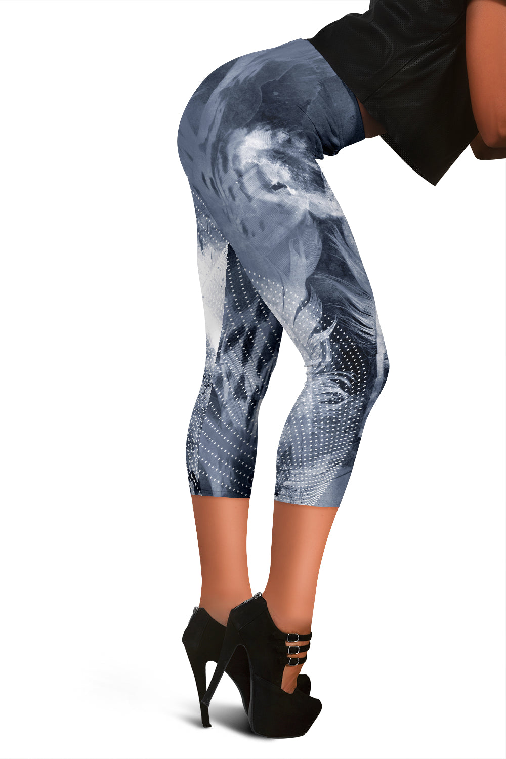 Grey Abstract Feathers Capri Leggings