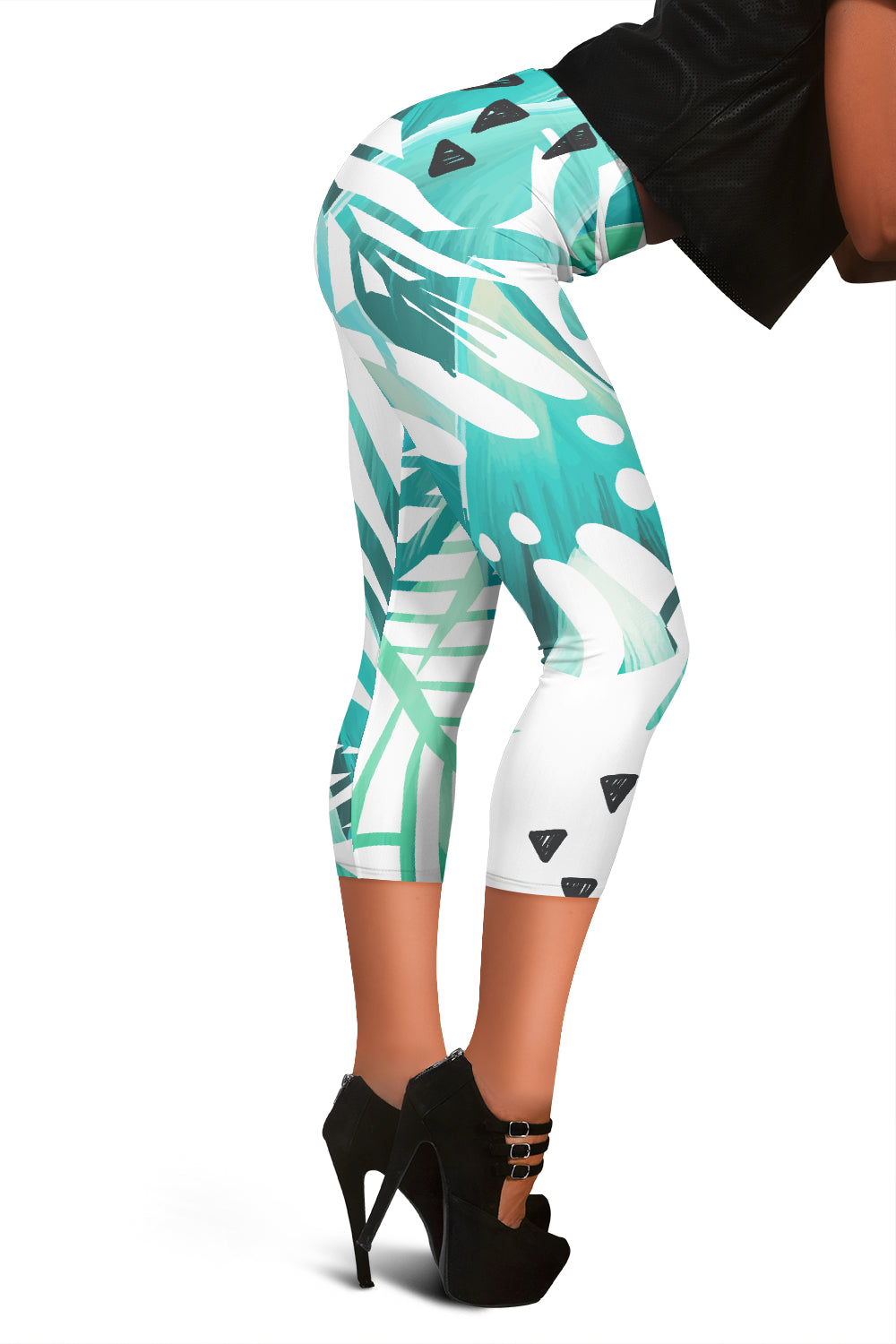 Teal Leaves Capri Leggings