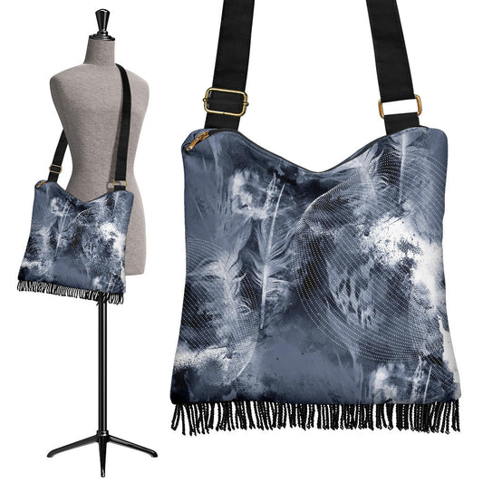 Grey Feathers Boho Crossbody Bag