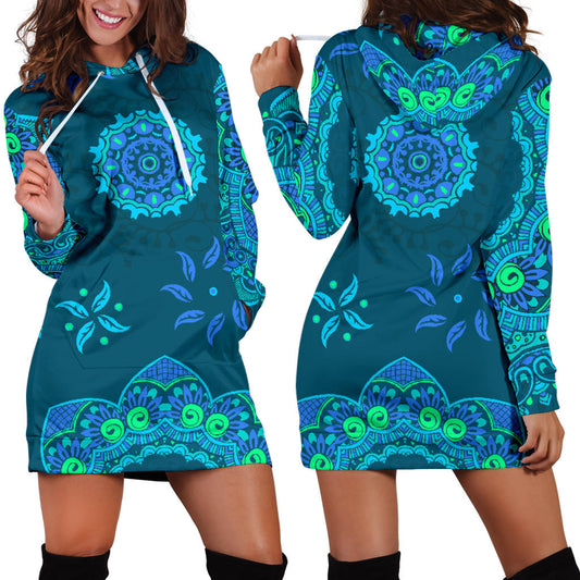 Teal Blue Mandalas Womens Hoodie Dress