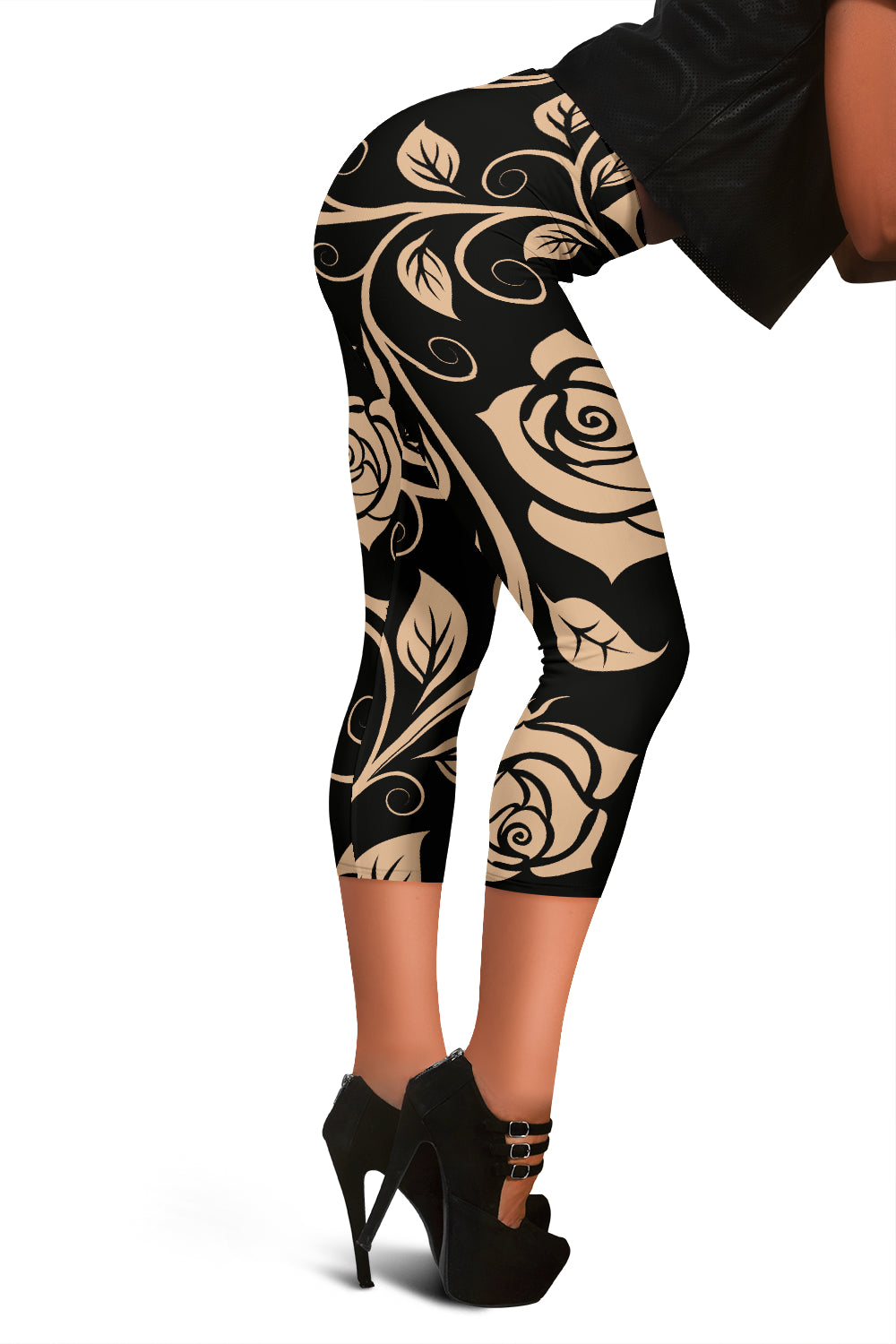 Tan Roses Decor Capri Leggings