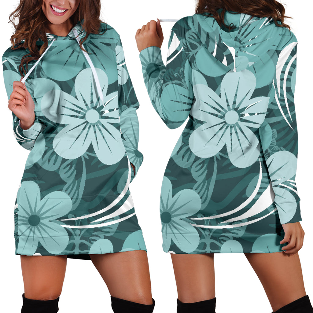 Teal Green Aloha Flowers Womens Hoodie Dress