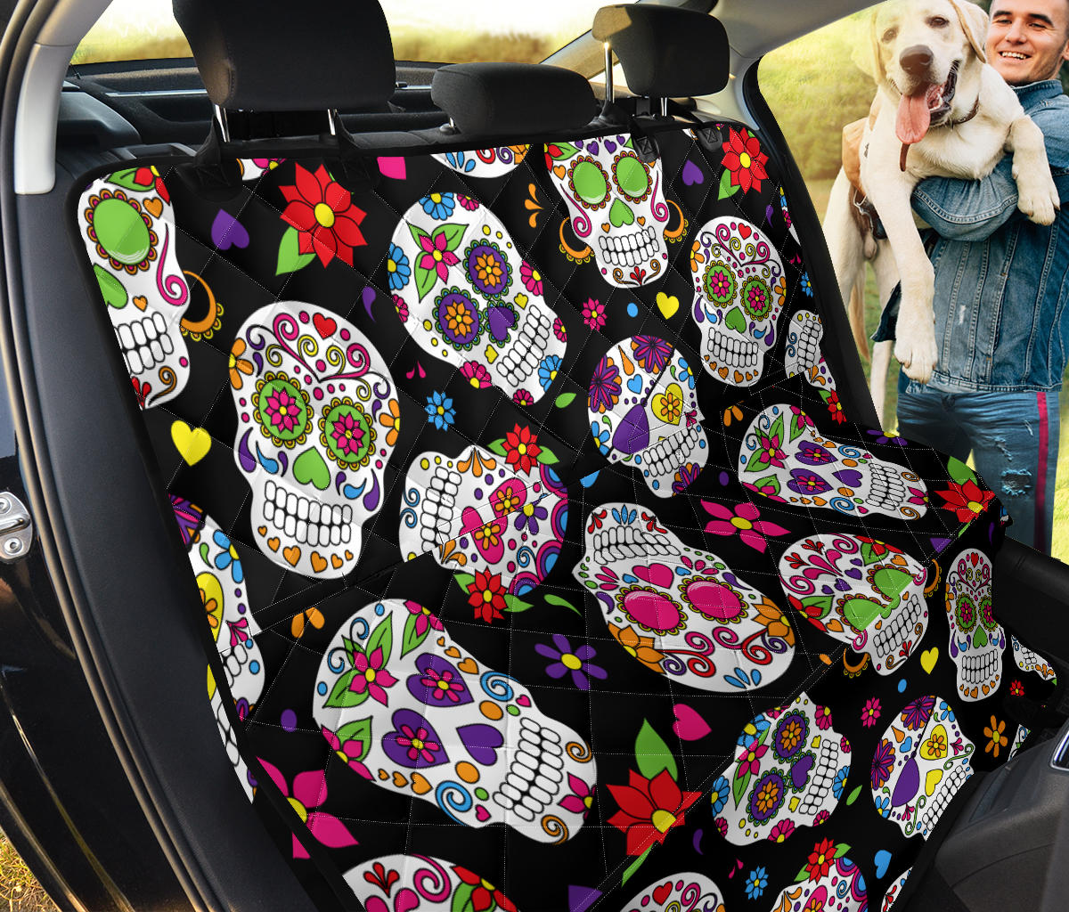 Colorful Sugar Skulls Car Back Seat Pet Cover