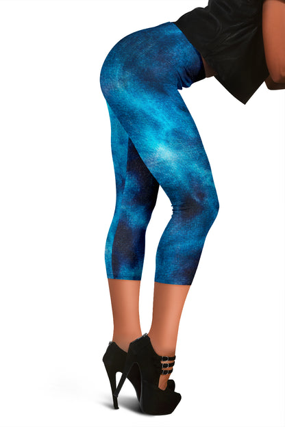 Blue Tie Dye Print Grunge Capri Leggings