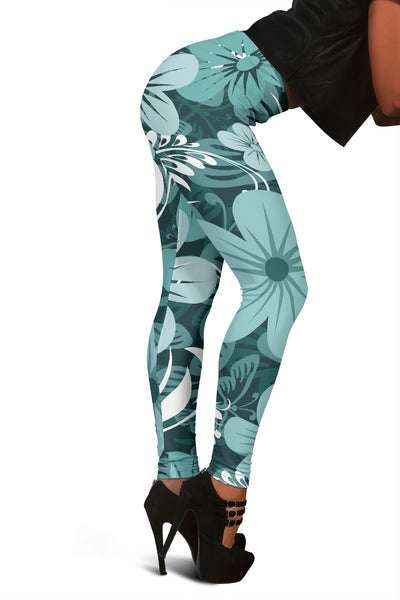 Light Green Teal Aloha Flowers Leggings