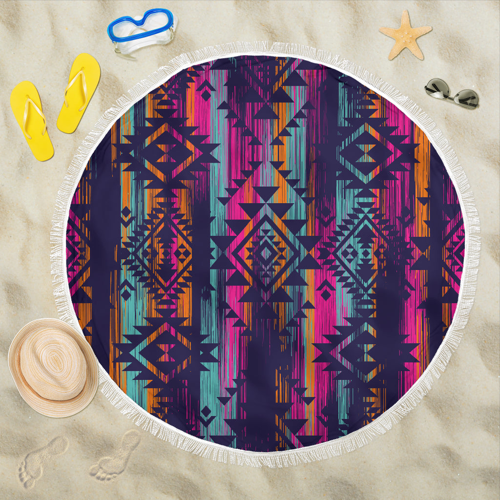 Colorful Boho Aztec Streaks Round Beach Blanket
