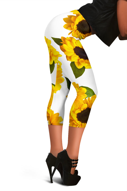 Sunflowers White Capri Leggings