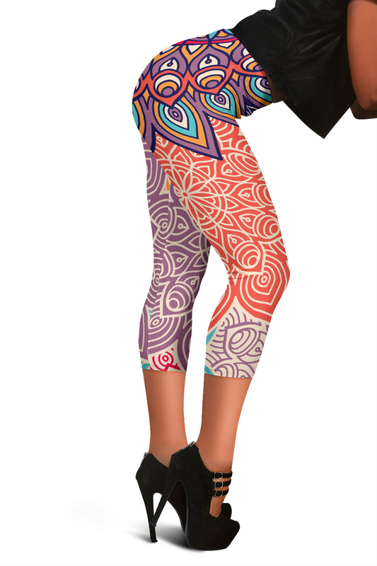 Colorful Floral Mandalas Capri Leggings