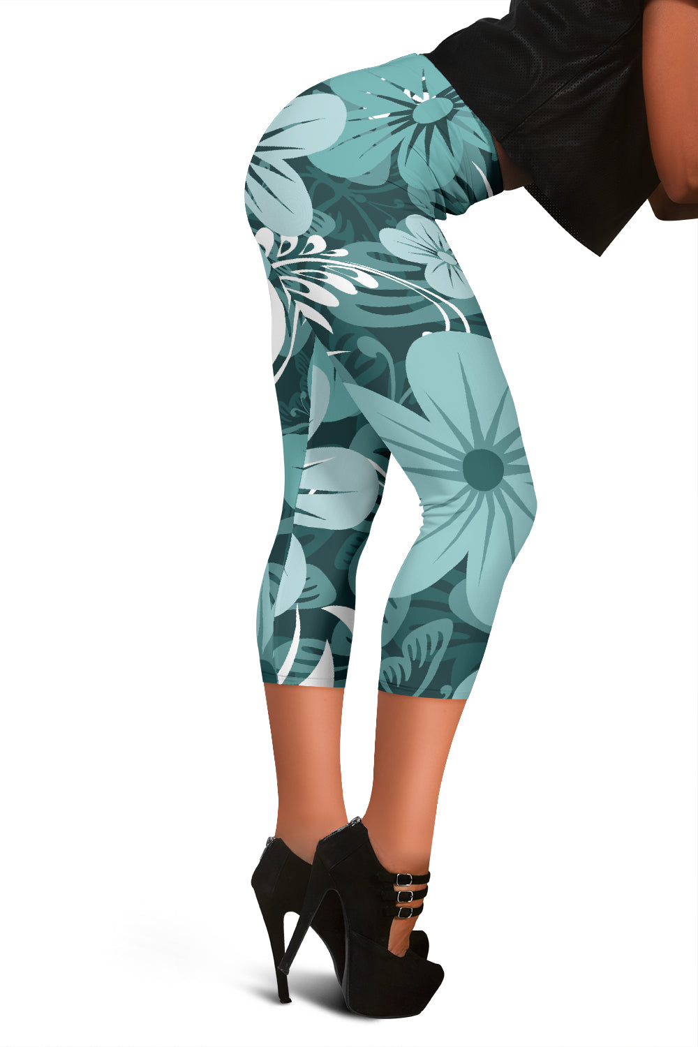 Light Green Teal Aloha Flowers Capri Leggings
