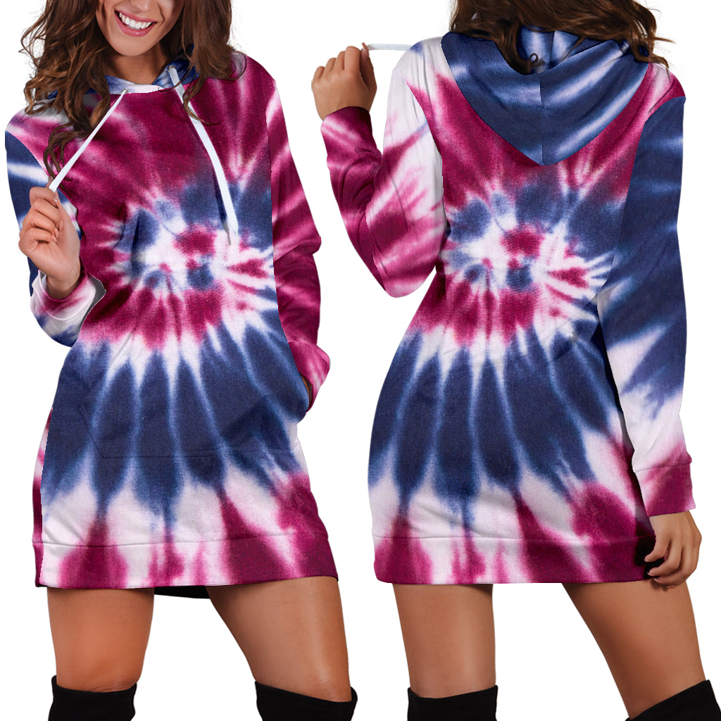 Red, White & Blue Tie Dye Spiral Womens Hoodie Dress