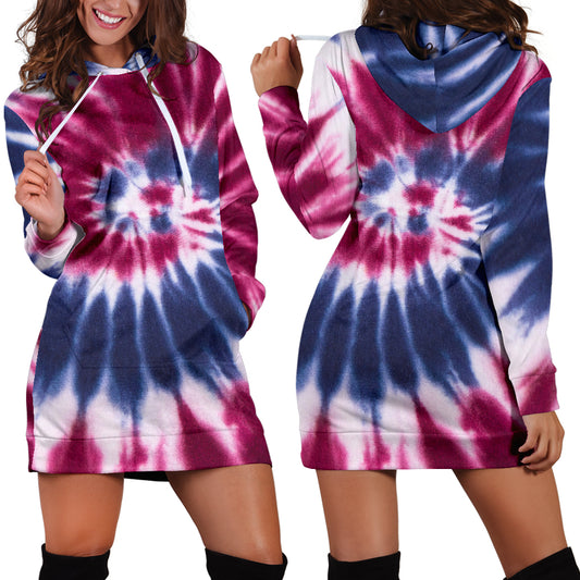 Red, White & Blue Tie Dye Spiral Womens Hoodie Dress