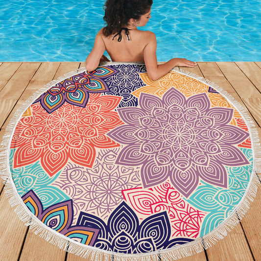 Colorful Floral Mandalas Round Beach Blanket