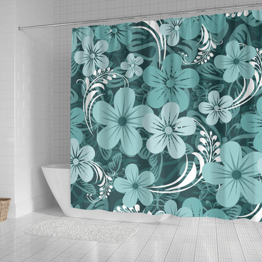 Teal Green Aloha Flowers Shower Curtain