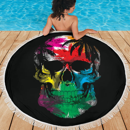 Colorful Tropical Skull Round Beach Blanket
