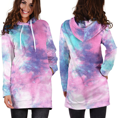 Blue & Pink Cotton Candy Tie Dye Print Hoodie Dress