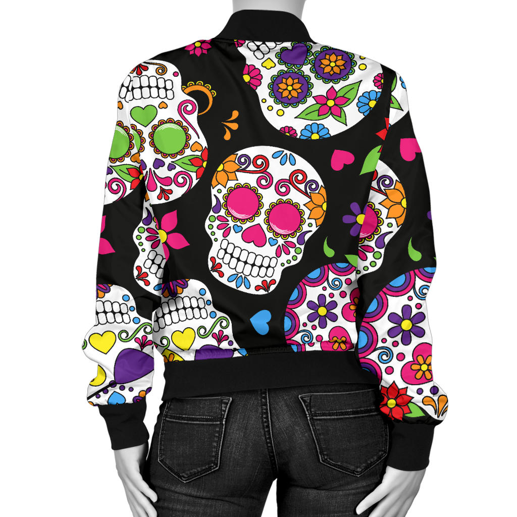 Womens Colorful Sugar Skulls Bomber Jacket