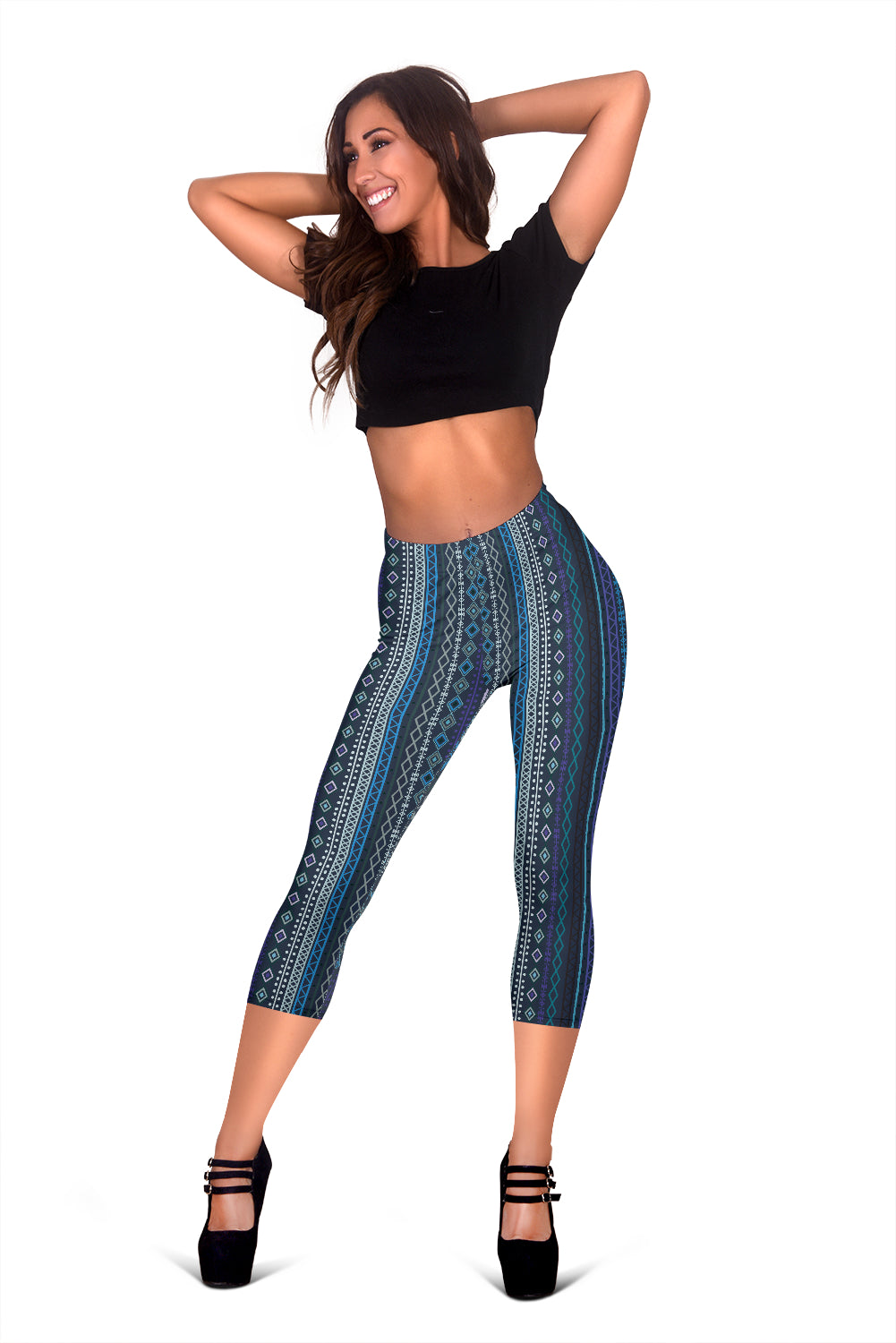 Blue Boho Stripes Capri Leggings