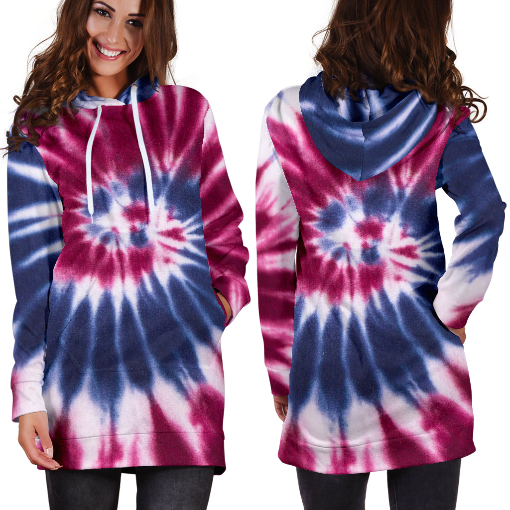 Red, White & Blue Tie Dye Spiral Womens Hoodie Dress