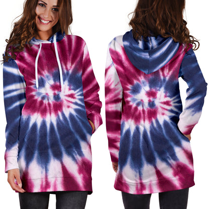 Red, White & Blue Tie Dye Spiral Womens Hoodie Dress