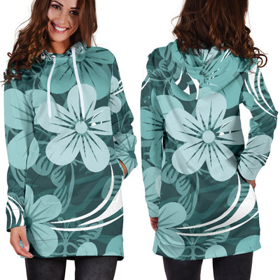 Teal Green Aloha Flowers Womens Hoodie Dress