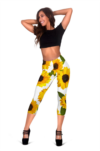 Sunflowers White Capri Leggings