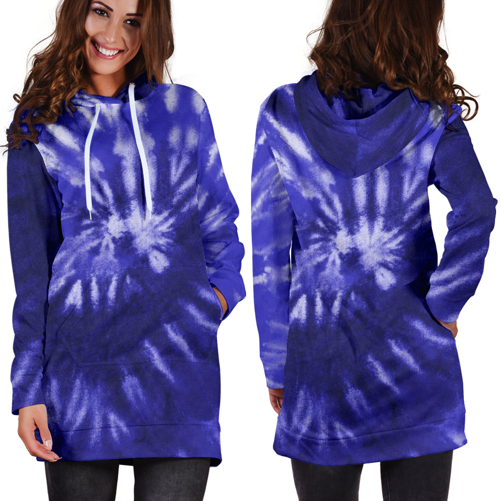 Royal Blue Tie Dye Print Womens Hoodie Dress