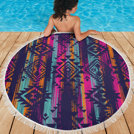 Colorful Boho Aztec Streaks Round Beach Blanket