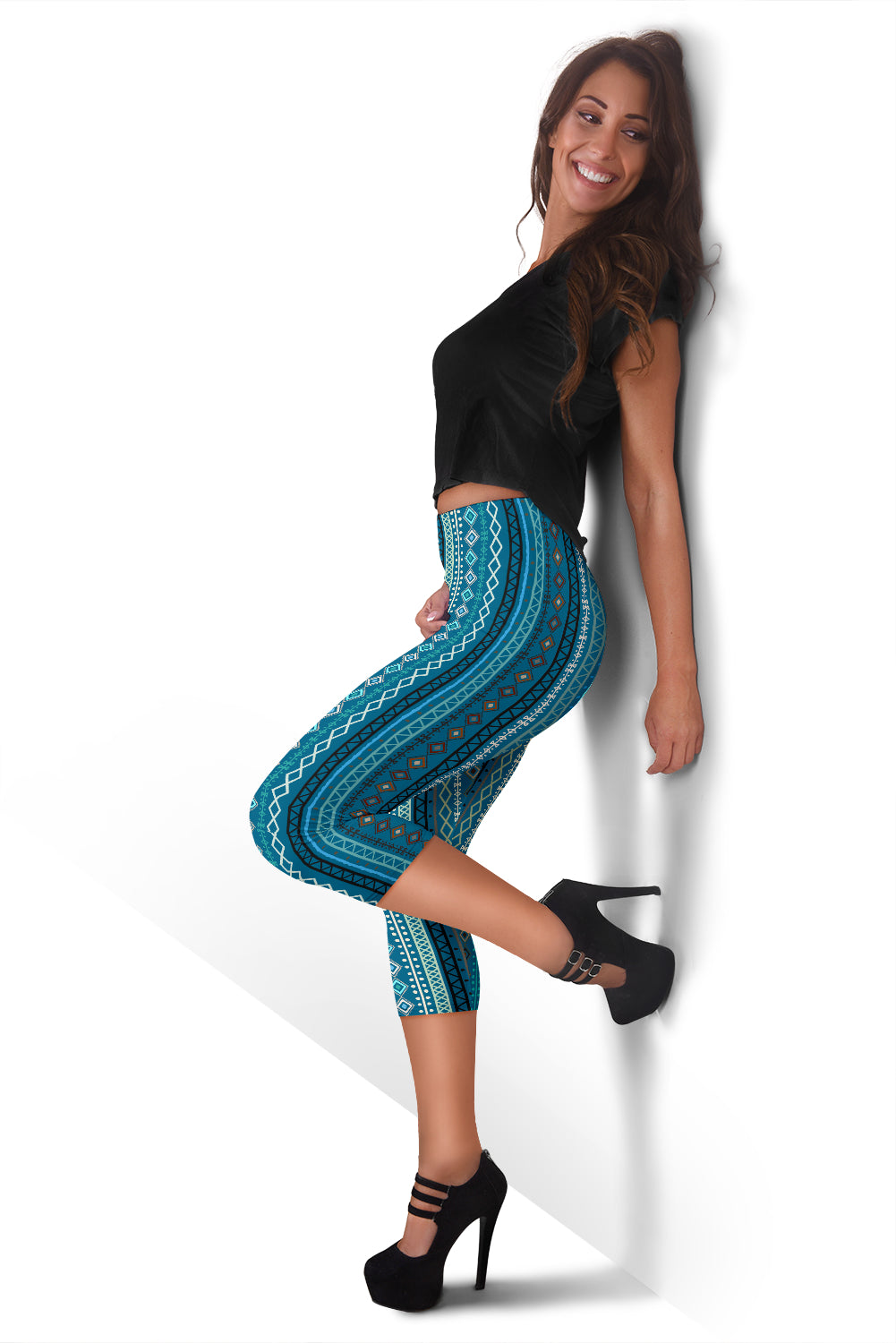Light Green Teal Boho Stripes Capri Leggings