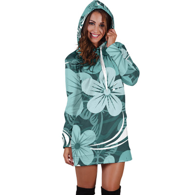 Teal Green Aloha Flowers Womens Hoodie Dress