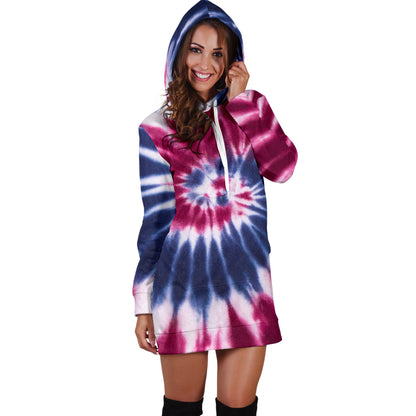 Red, White & Blue Tie Dye Spiral Womens Hoodie Dress