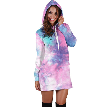 Blue & Pink Cotton Candy Tie Dye Print Hoodie Dress