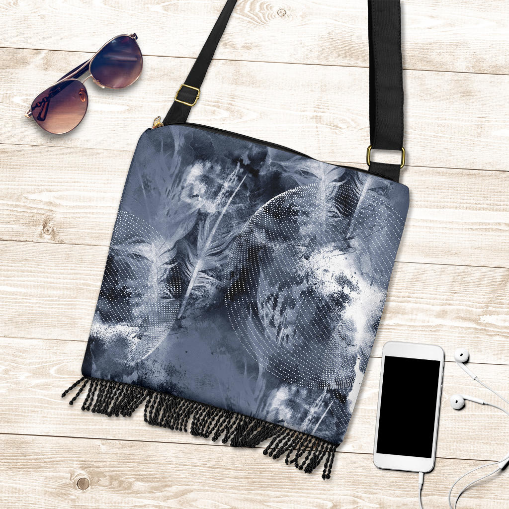Grey Feathers Boho Crossbody Bag