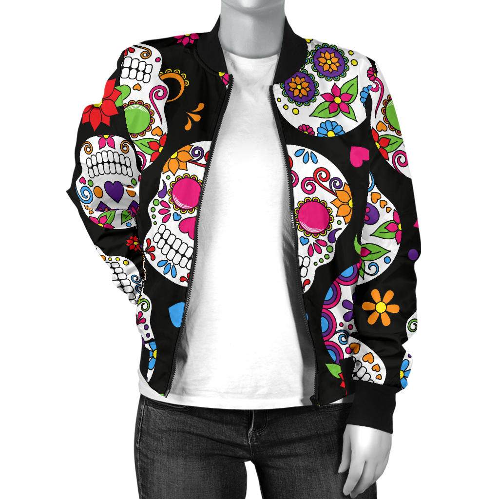 Womens Colorful Sugar Skulls Bomber Jacket
