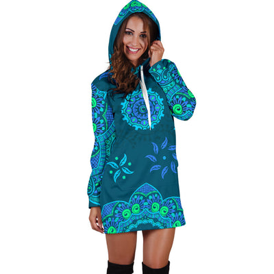 Teal Blue Mandalas Womens Hoodie Dress