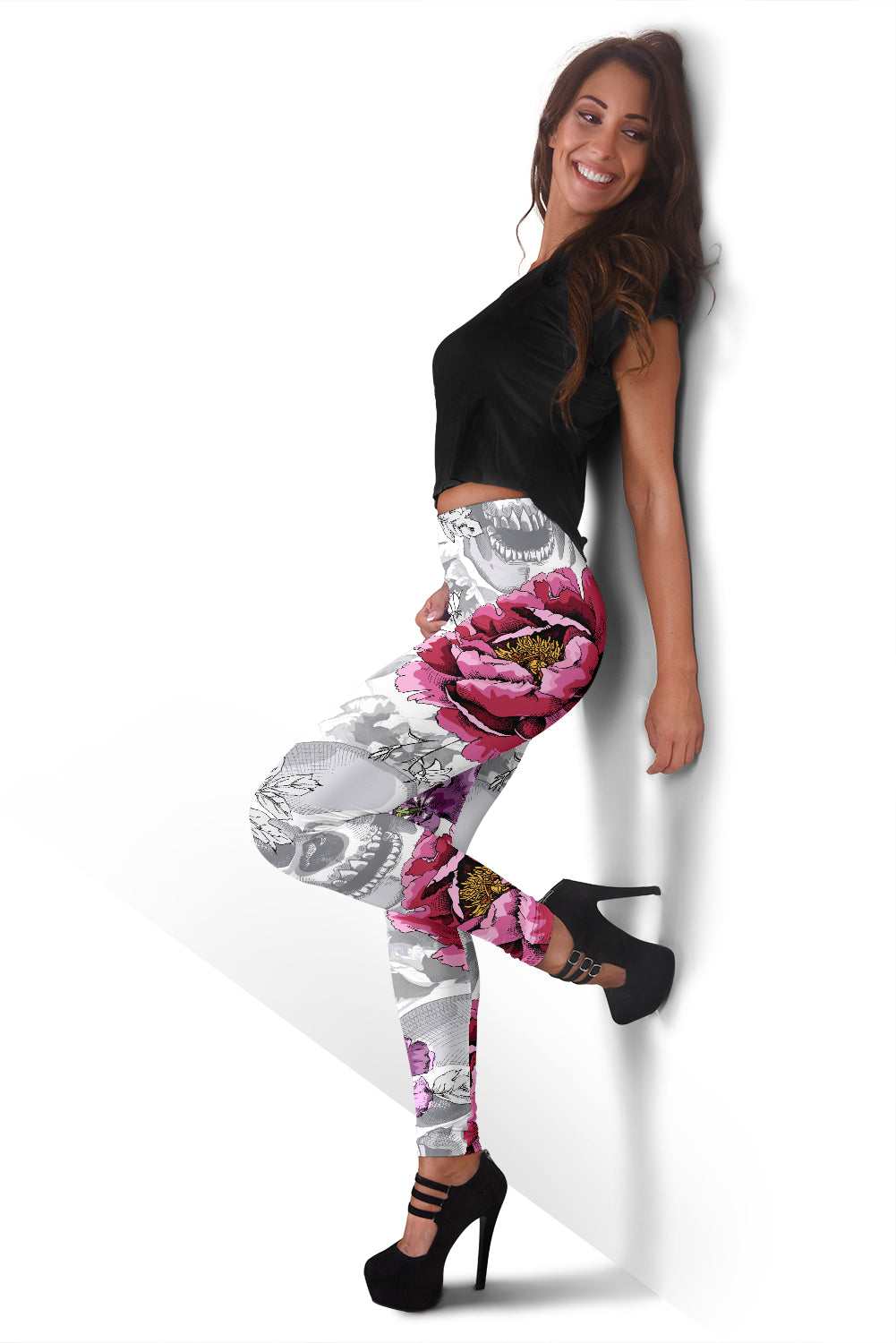 White Skulls & Flowers Leggings