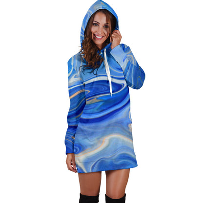 Blue Marble Print Womens Hoodie Dress