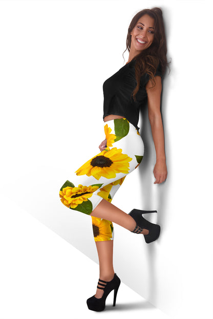 Sunflowers White Capri Leggings